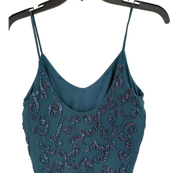 Vintage Cache Slip Dress sz 2 Teal Beaded Silk Cocktail Asymmetrical Whimsigoth - Picture 5 of 8